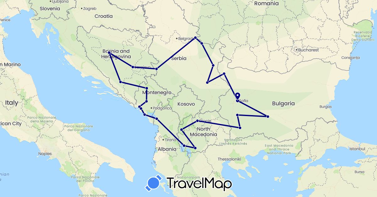 TravelMap itinerary: driving in Albania, Bosnia and Herzegovina, Bulgaria, Montenegro, Macedonia, Serbia (Europe)